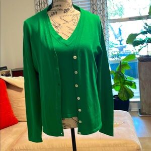 Kelly Green Cardigan and v-neck Top Set